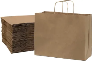 Prime Line Packaging Large Kraft Gift Bags with Handles for Shopping, Boutiques, Small Business, Retail Stores, Grocery Sack, Bulk - 16x6x12, 50 Pack