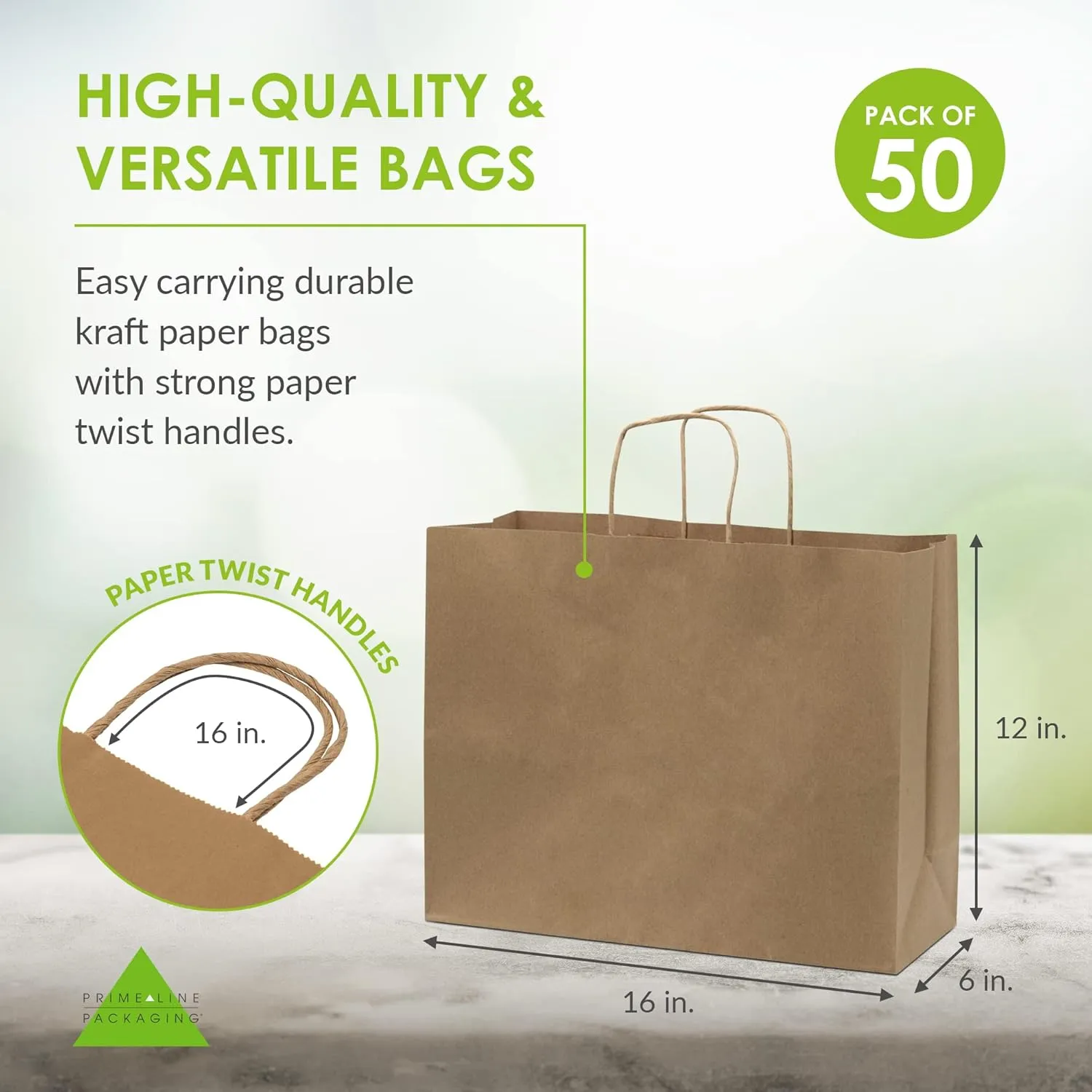 Prime Line Packaging Large Kraft Gift Bags with Handles for Shopping, Boutiques, Small Business, Retail Stores, Grocery Sack, Bulk - 16x6x12, 50 Pack