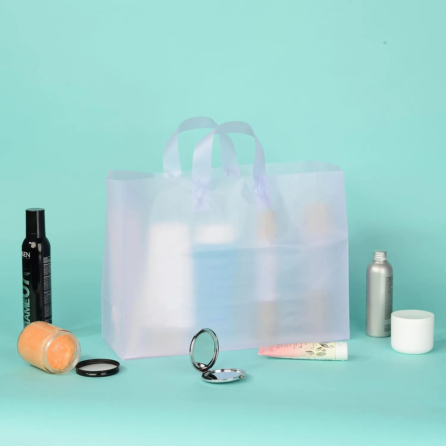 Prime Line Packaging Plastic Shopping Bags for Small Business, Boutique Supplies, Retail, Thank you, Clear Frosted Purple Tote, Bulk, 16x6x12 100 Pack