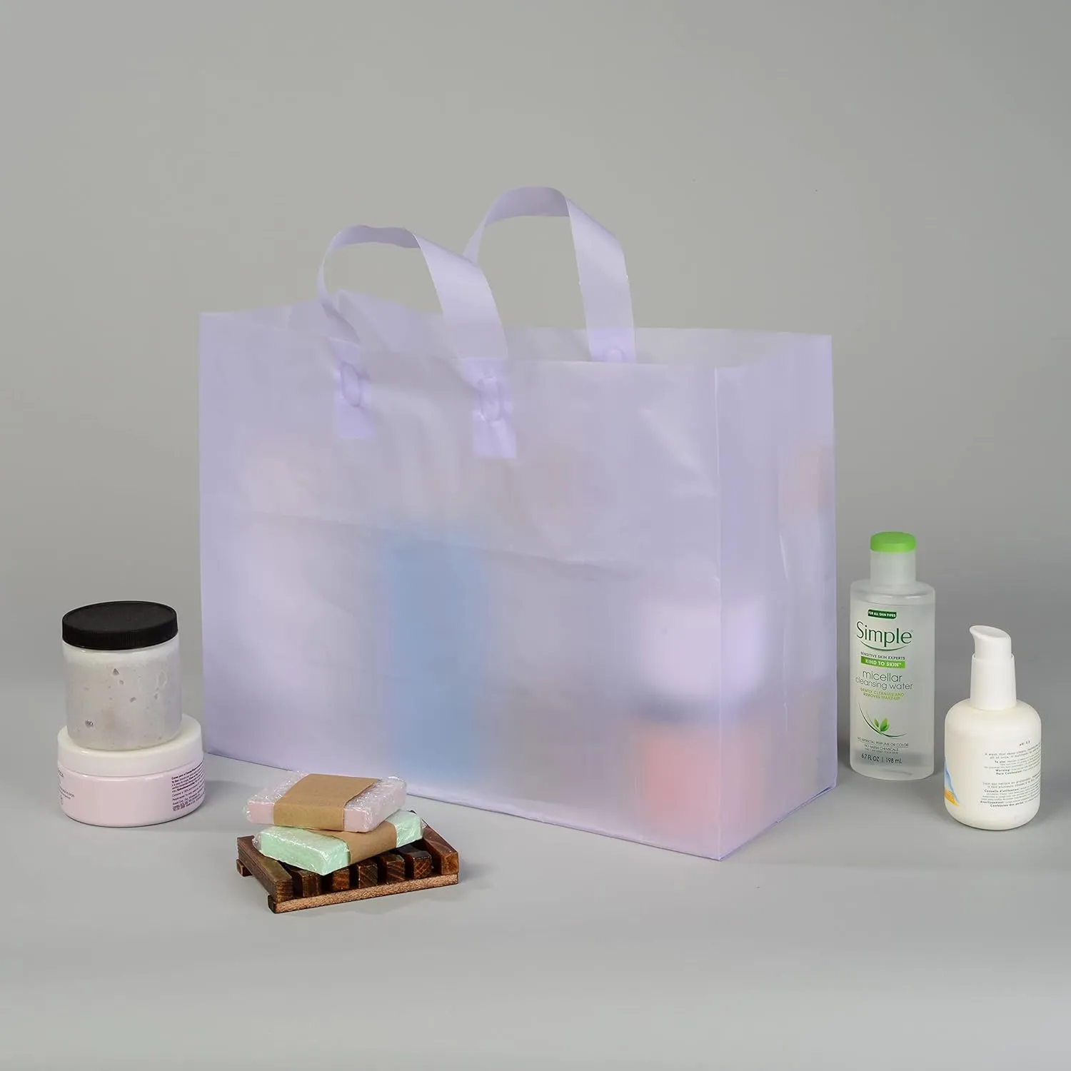 Prime Line Packaging Plastic Shopping Bags for Small Business, Boutique Supplies, Retail, Thank you, Clear Frosted Purple Tote, Bulk, 16x6x12 100 Pack