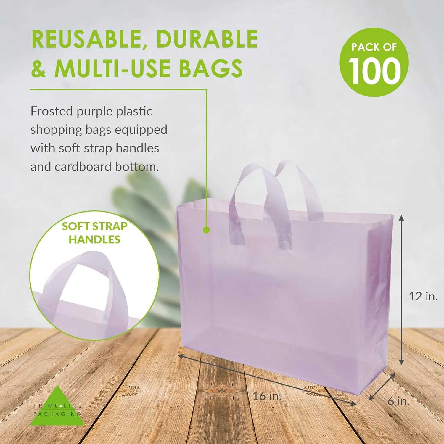 Prime Line Packaging Plastic Shopping Bags for Small Business, Boutique Supplies, Retail, Thank you, Clear Frosted Purple Tote, Bulk, 16x6x12 100 Pack