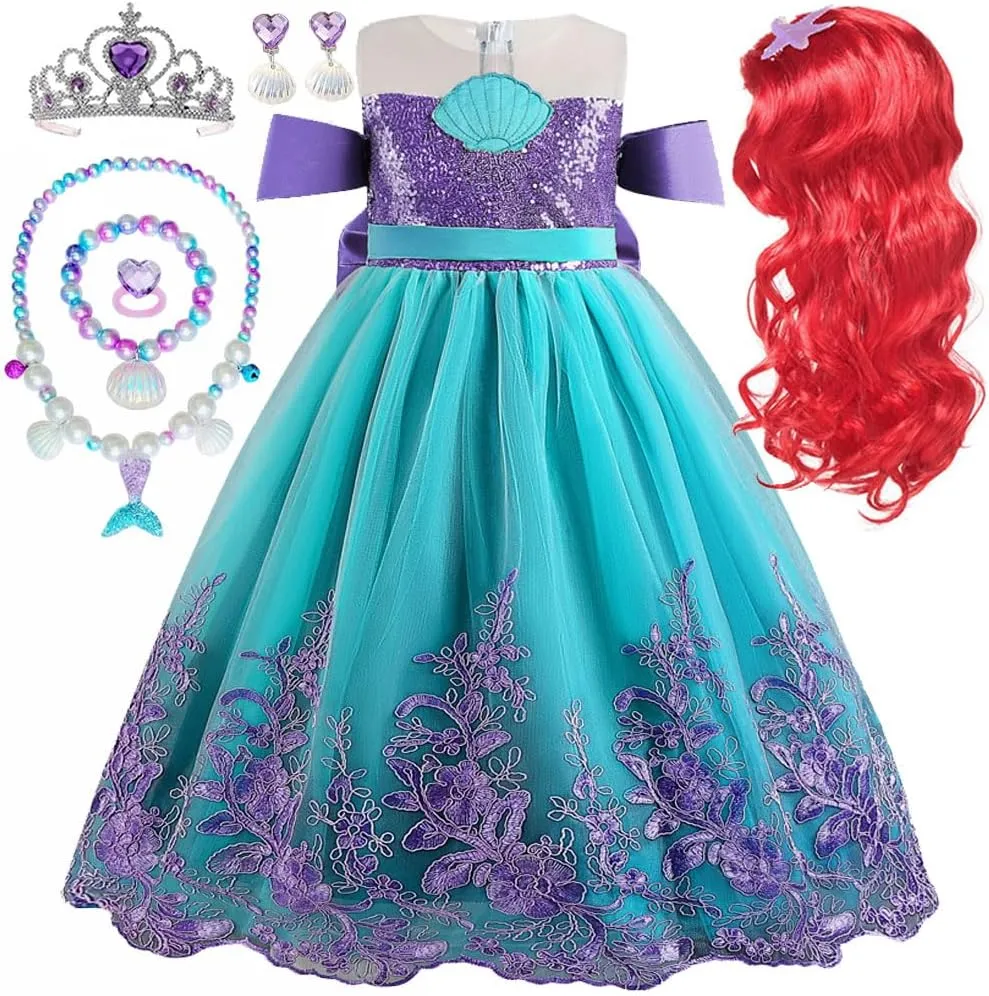 Princess Little Mermaid Costume for Girls Mermaid Wig Princess Ariel Cosplay Dress Up for Birthday Party Halloween Costume