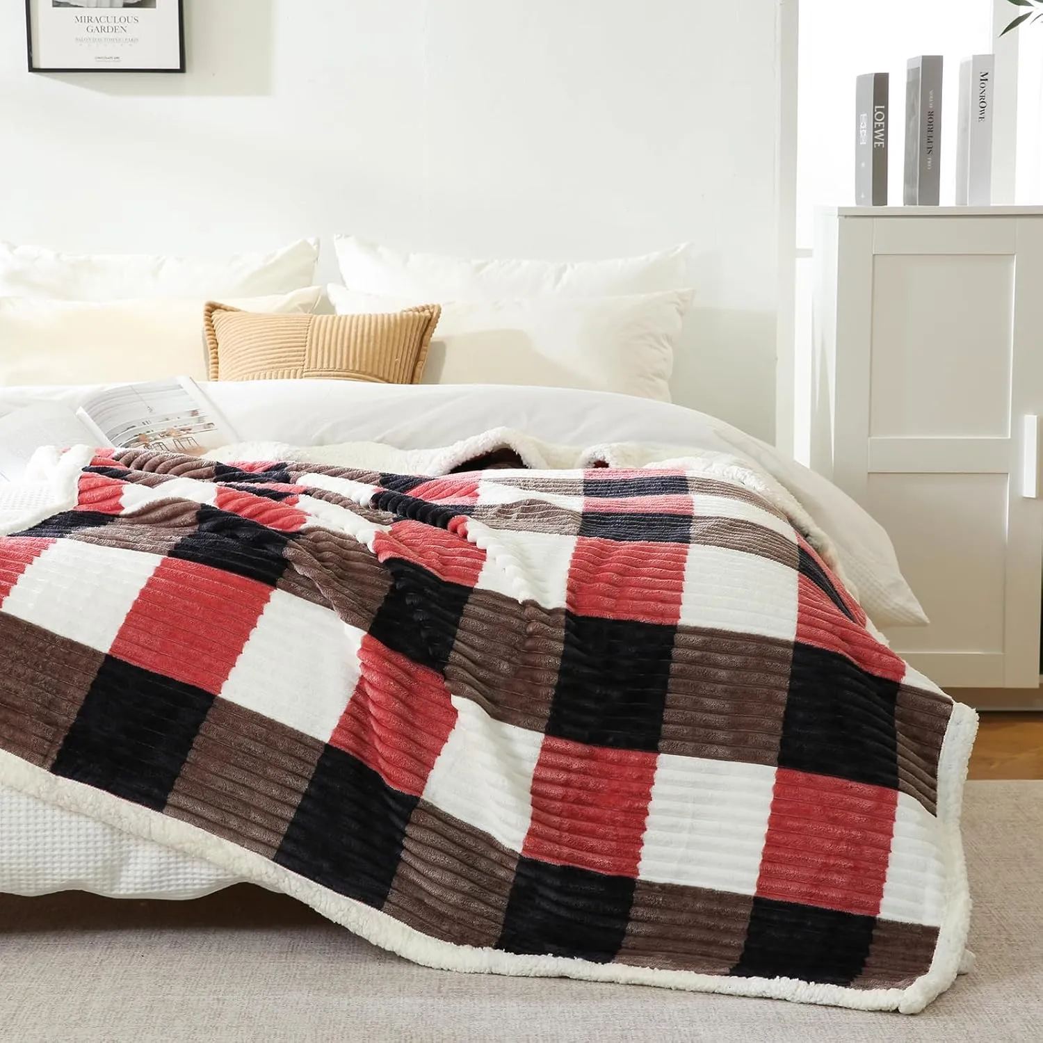 PU MEI Sherpa Blanket Twin Plaid Thick Bed Blanket, 60”*80” Super Soft Flannel Fuzzy Fleece Reversible Velvet Plush Warm Blanket for Couch (Black Red Check)