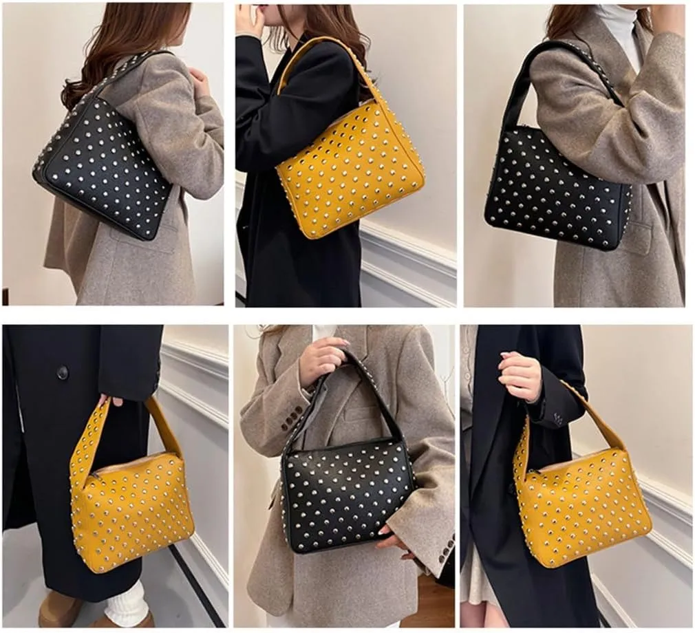 Punk Styles Studded Shoulder Bag PU Leather Small Handbag for Women Streetwear Fashion Motorcycle Retro Underarm Purse
