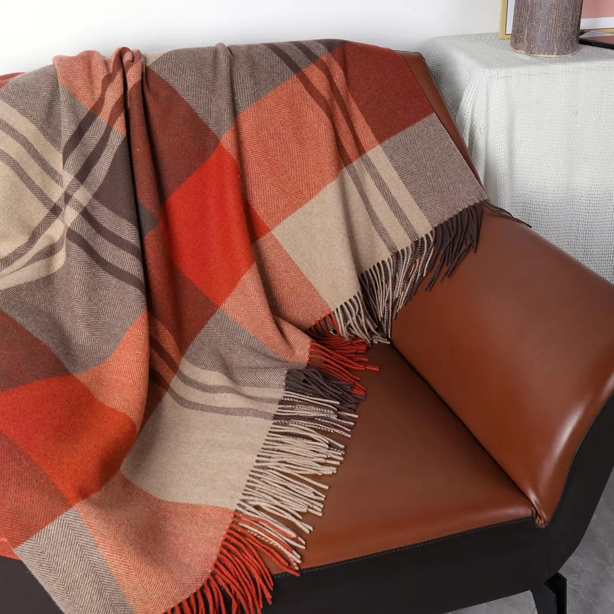 Pure Wool Plaid Throw Blanket - Warm Throw for Couch, Travel Outdoor Camping Blankets, Portable Lightweight Travel Blanket Airplane Compact with Bag/Orange