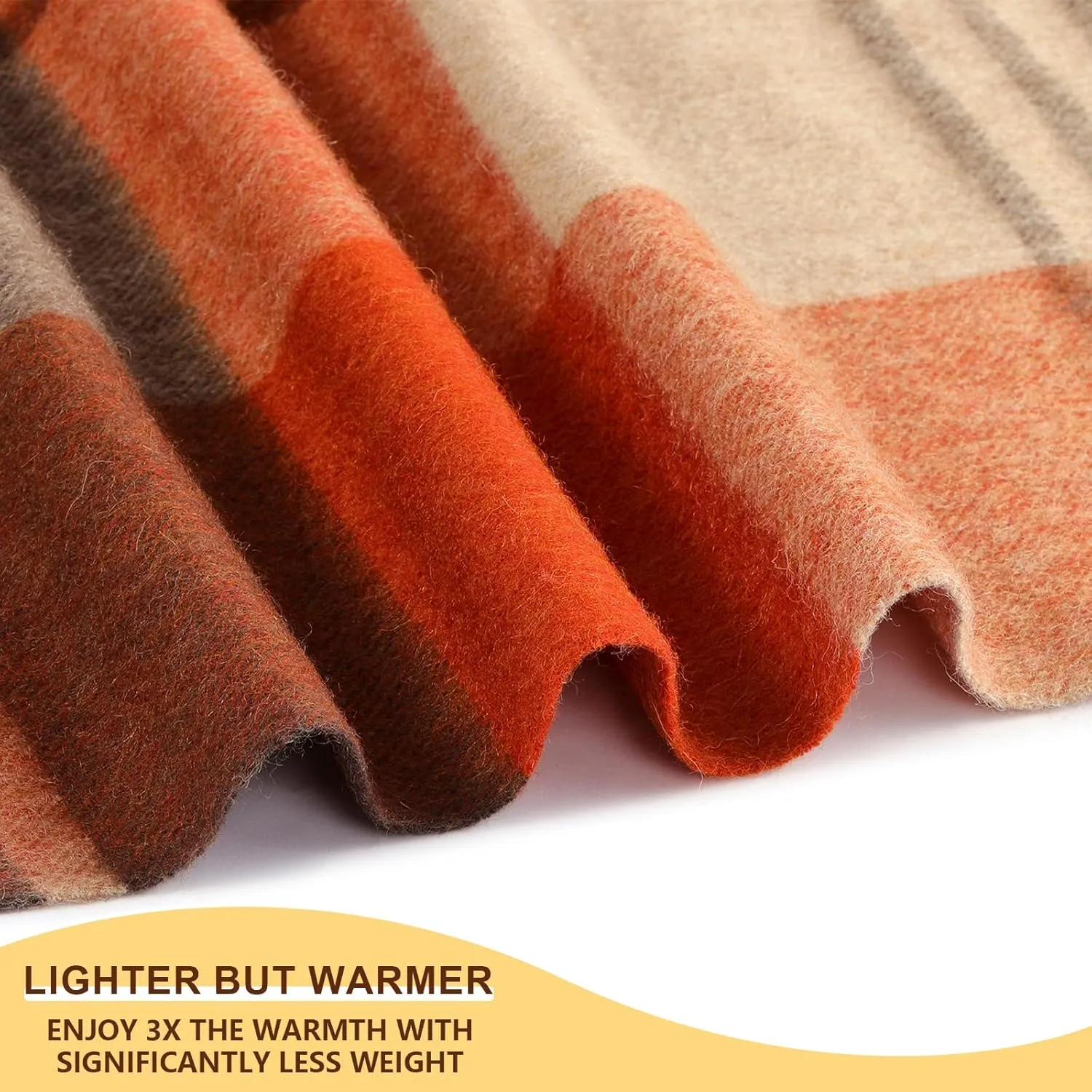 Pure Wool Plaid Throw Blanket - Warm Throw for Couch, Travel Outdoor Camping Blankets, Portable Lightweight Travel Blanket Airplane Compact with Bag/Orange