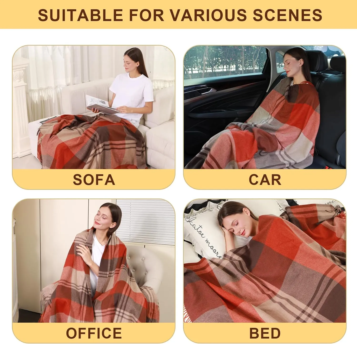 Pure Wool Plaid Throw Blanket - Warm Throw for Couch, Travel Outdoor Camping Blankets, Portable Lightweight Travel Blanket Airplane Compact with Bag/Orange