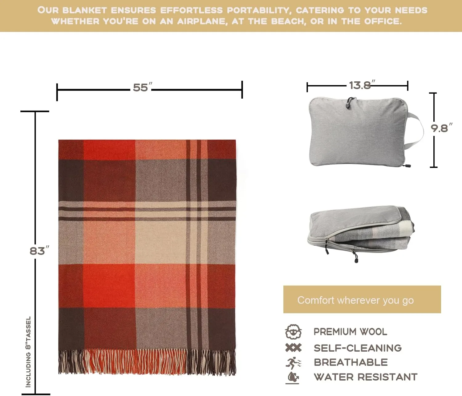 Pure Wool Plaid Throw Blanket - Warm Throw for Couch, Travel Outdoor Camping Blankets, Portable Lightweight Travel Blanket Airplane Compact with Bag/Orange