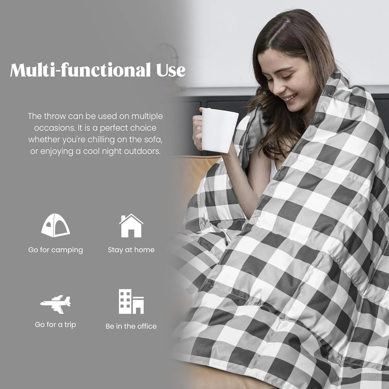 puredown® Checkered Feather Down Throw Blanket Lightweight Packable Buffalo Plaid Throw for Indoor and Outdoor Use, 50"X70", Black and White