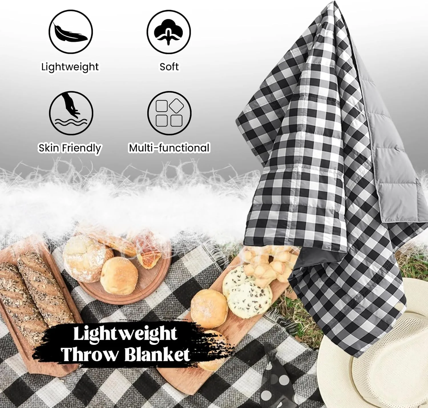 puredown® Checkered Feather Down Throw Blanket Lightweight Packable Buffalo Plaid Throw for Indoor and Outdoor Use, 50"X70", Black and White