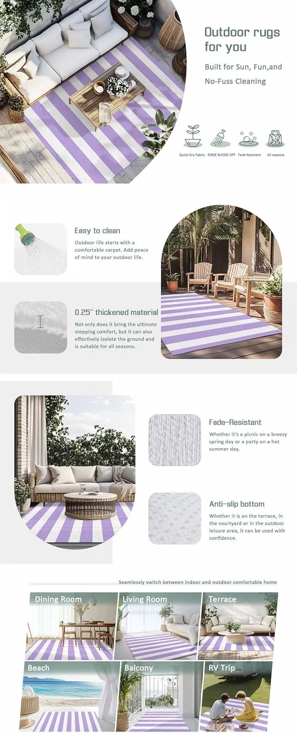 Purple Stripe Outdoor Patio Rug 5x8ft Large,Washable RV Camping Outside Area Runner Rug Mat,Geometric White Striped Boho Minimalist Modern Decor Carpet for Picnic Backyard Deck Porch Balcony Beach