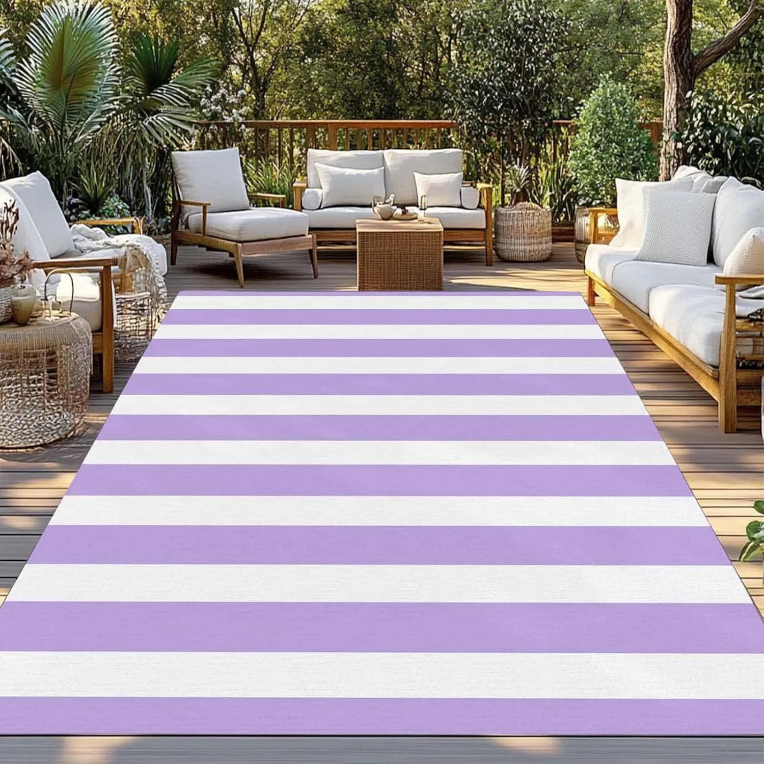 Purple Stripe Outdoor Patio Rug 5x8ft Large,Washable RV Camping Outside Area Runner Rug Mat,Geometric White Striped Boho Minimalist Modern Decor Carpet for Picnic Backyard Deck Porch Balcony Beach