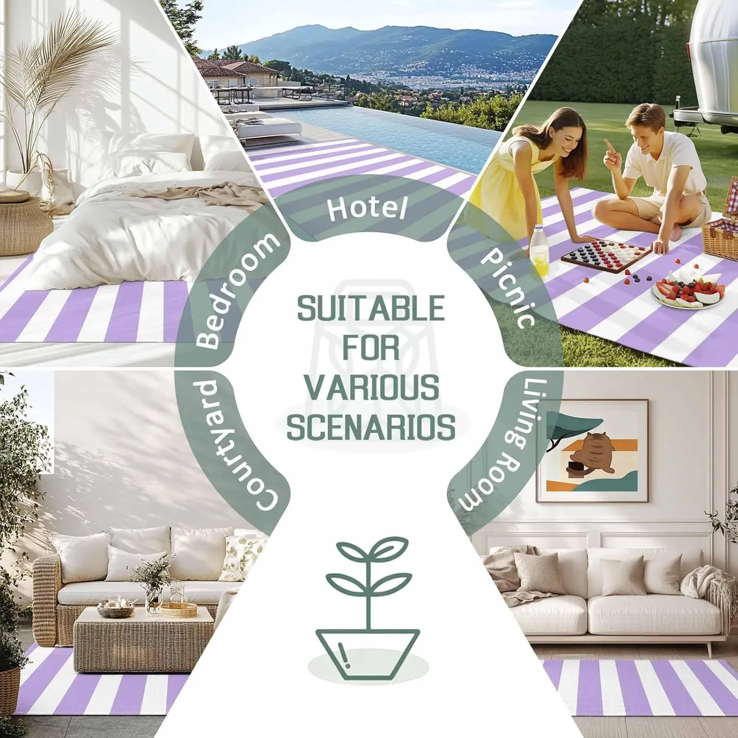 Purple Stripe Outdoor Patio Rug 5x8ft Large,Washable RV Camping Outside Area Runner Rug Mat,Geometric White Striped Boho Minimalist Modern Decor Carpet for Picnic Backyard Deck Porch Balcony Beach