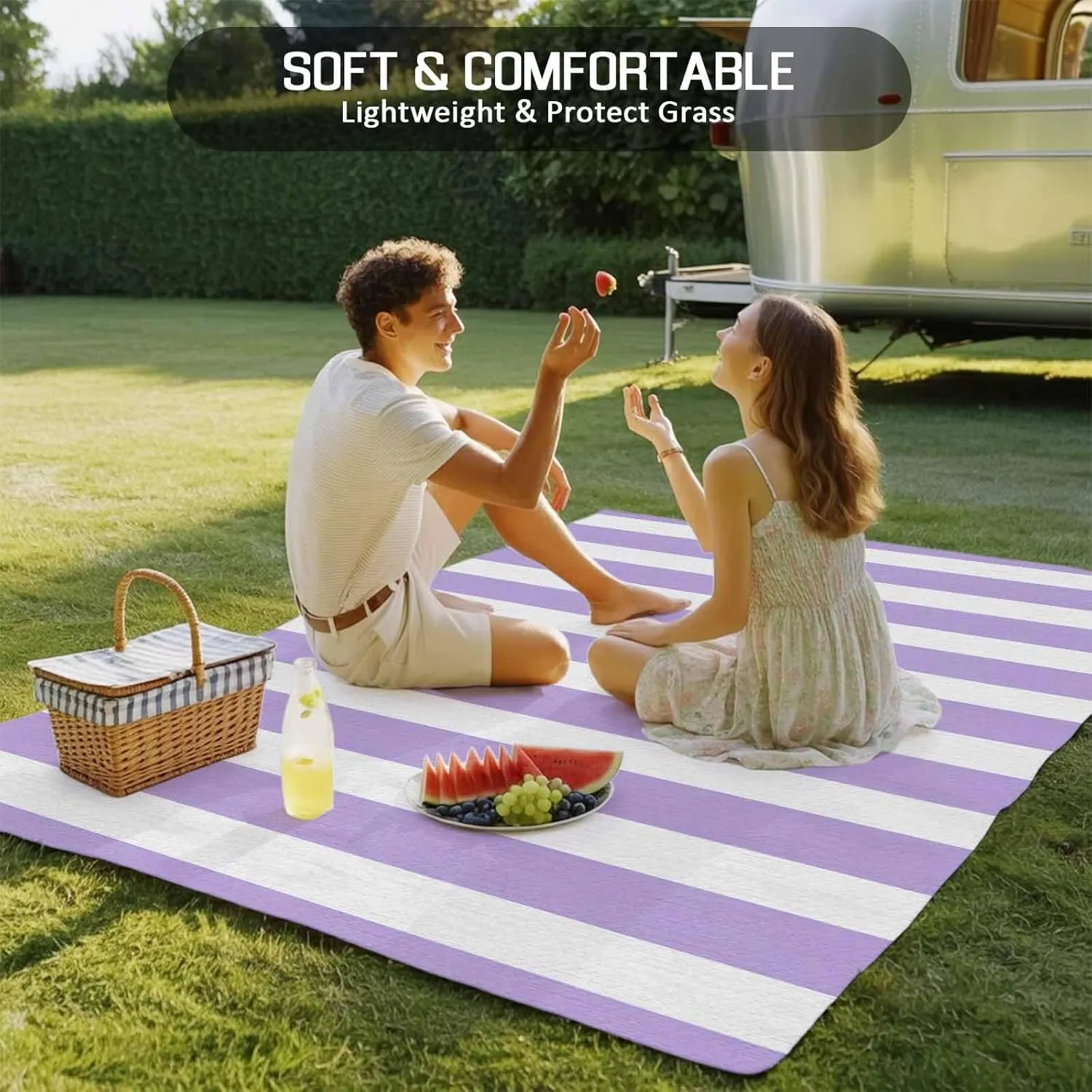 Purple Stripe Outdoor Patio Rug 5x8ft Large,Washable RV Camping Outside Area Runner Rug Mat,Geometric White Striped Boho Minimalist Modern Decor Carpet for Picnic Backyard Deck Porch Balcony Beach