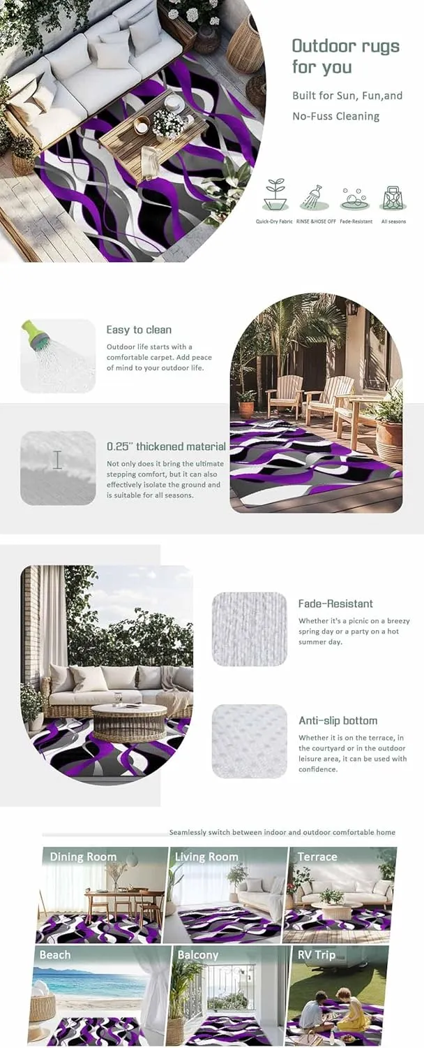 Purple Stripe Outdoor Rug 4x6ft Large Patio Rug,Washable RV Camping Outside Area Runner Rug Mat,Black Grey White Gradient Striped Geometric Carpet for Picnic Backyard Deck Porch Balcony Beach Indoor