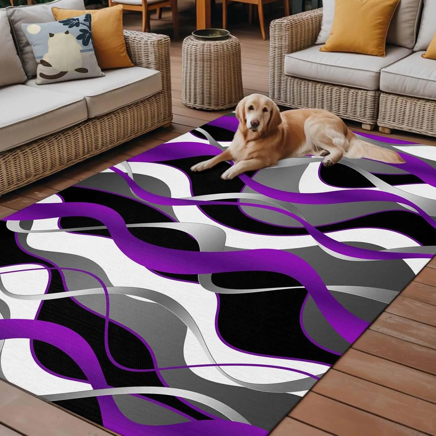 Purple Stripe Outdoor Rug 4x6ft Large Patio Rug,Washable RV Camping Outside Area Runner Rug Mat,Black Grey White Gradient Striped Geometric Carpet for Picnic Backyard Deck Porch Balcony Beach Indoor