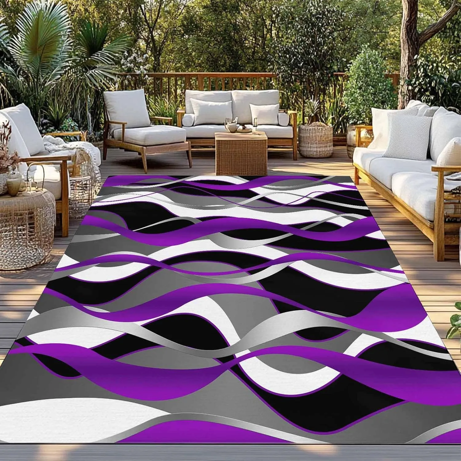 Purple Stripe Outdoor Rug 4x6ft Large Patio Rug,Washable RV Camping Outside Area Runner Rug Mat,Black Grey White Gradient Striped Geometric Carpet for Picnic Backyard Deck Porch Balcony Beach Indoor