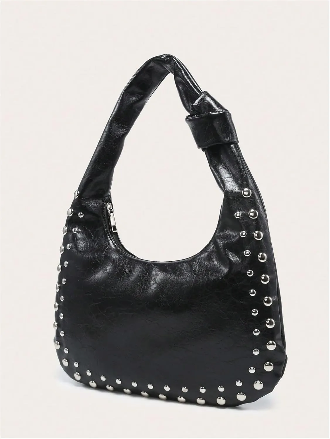 QWINEE Women's Studded Hobo Purses PU Leather Designer Shoulder Handbags Zipper Knot Bag