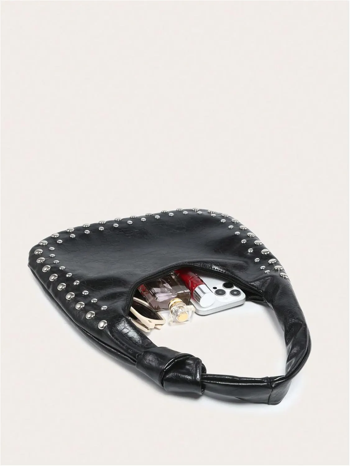 QWINEE Women's Studded Hobo Purses PU Leather Designer Shoulder Handbags Zipper Knot Bag