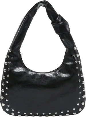 QWINEE Women's Studded Hobo Purses PU Leather Designer Shoulder Handbags Zipper Knot Bag