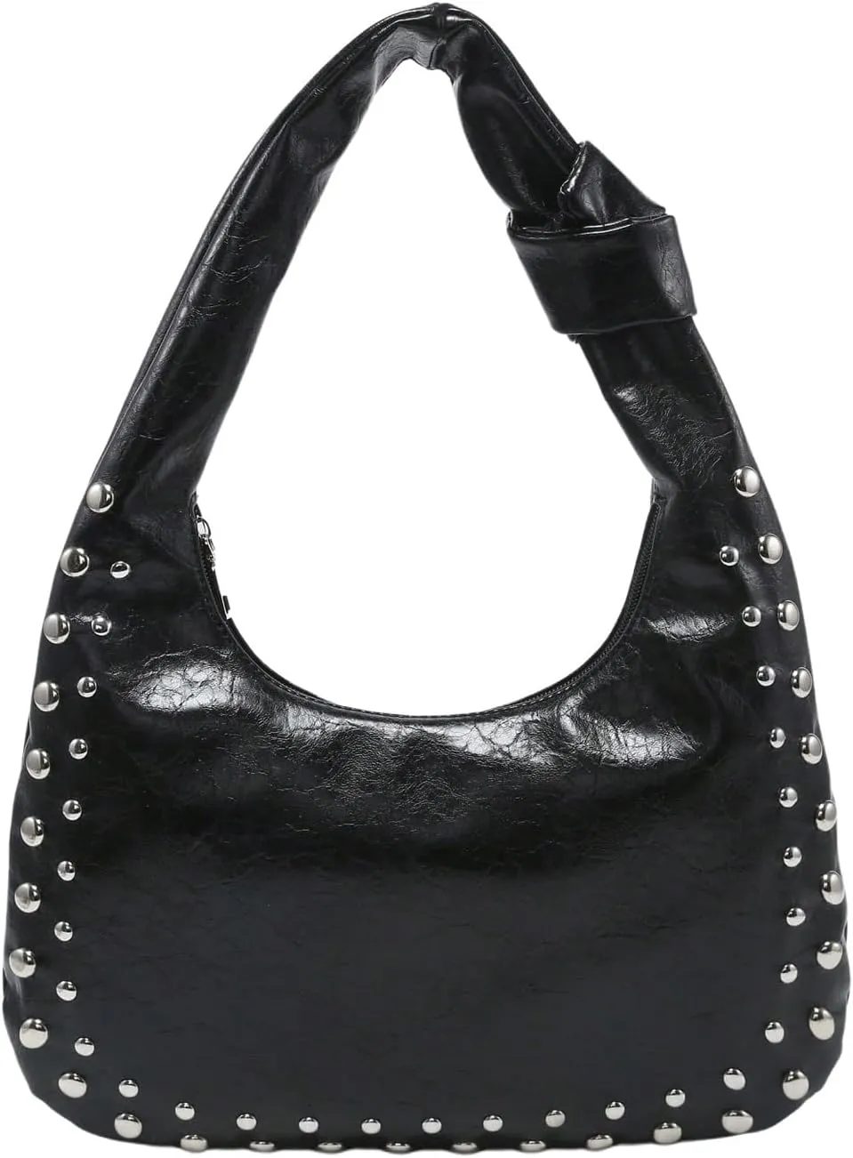 QWINEE Women's Studded Hobo Purses PU Leather Designer Shoulder Handbags Zipper Knot Bag