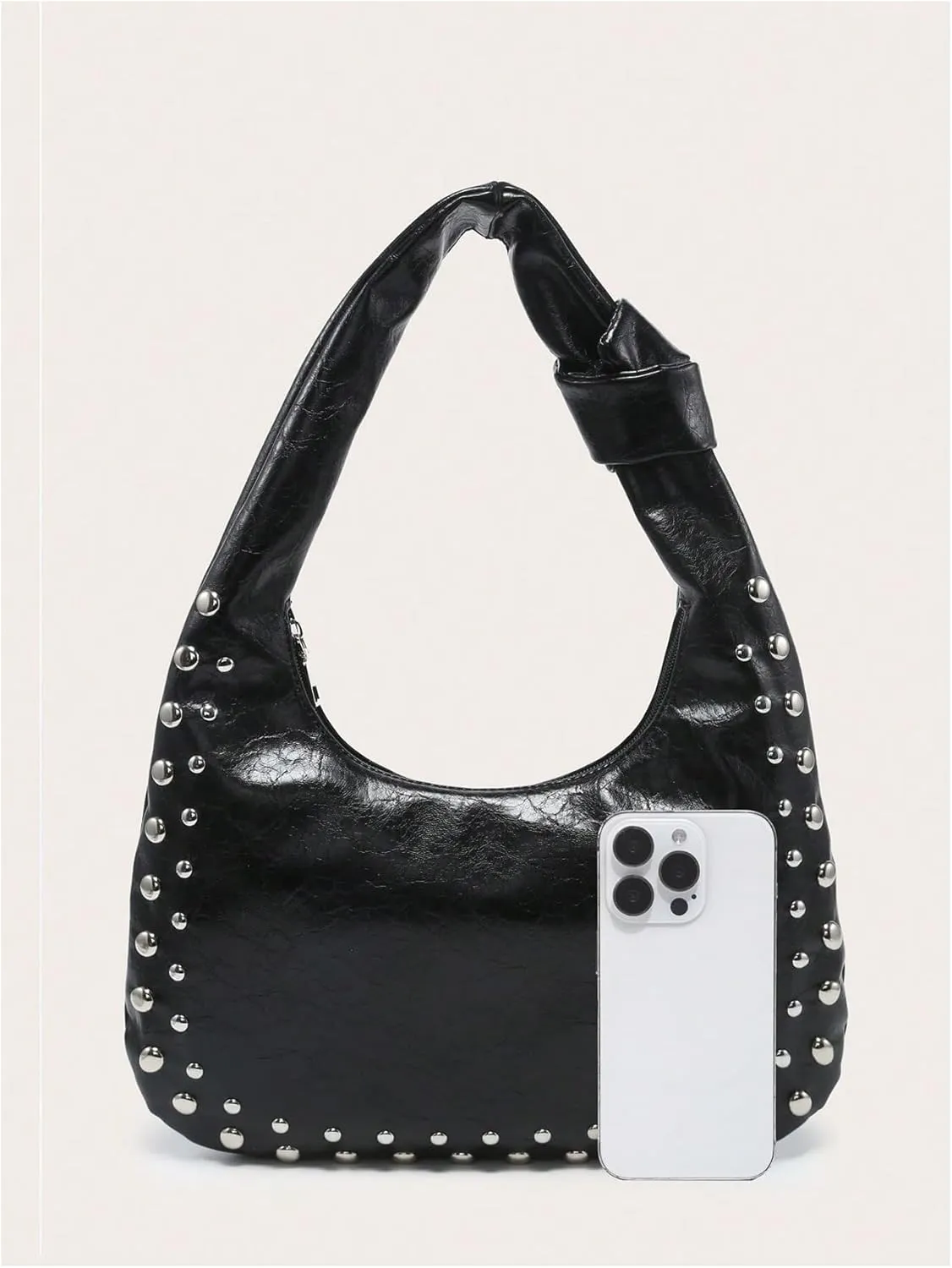 QWINEE Women's Studded Hobo Purses PU Leather Designer Shoulder Handbags Zipper Knot Bag