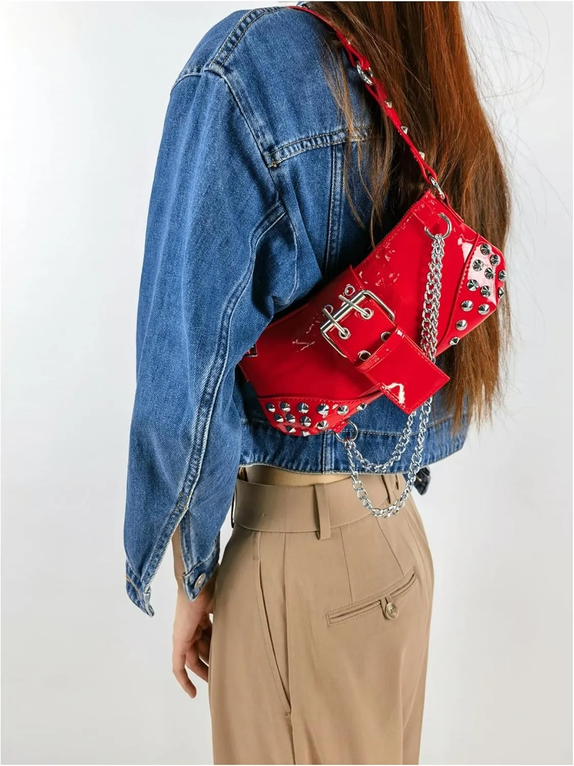 QWINEE Women's Studded Shoulder Bag Y2k Chain Clutch Purses Vintage Buckle Leather Underarm Bag
