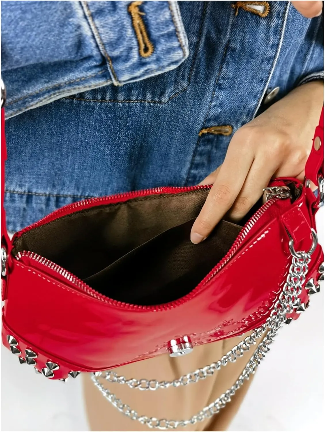 QWINEE Women's Studded Shoulder Bag Y2k Chain Clutch Purses Vintage Buckle Leather Underarm Bag
