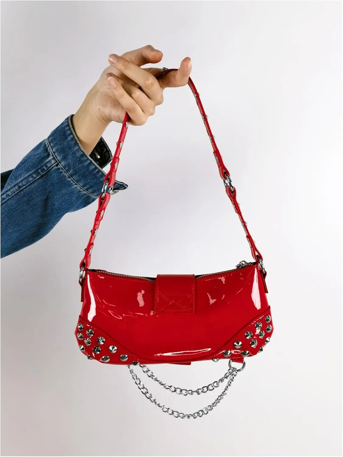 QWINEE Women's Studded Shoulder Bag Y2k Chain Clutch Purses Vintage Buckle Leather Underarm Bag