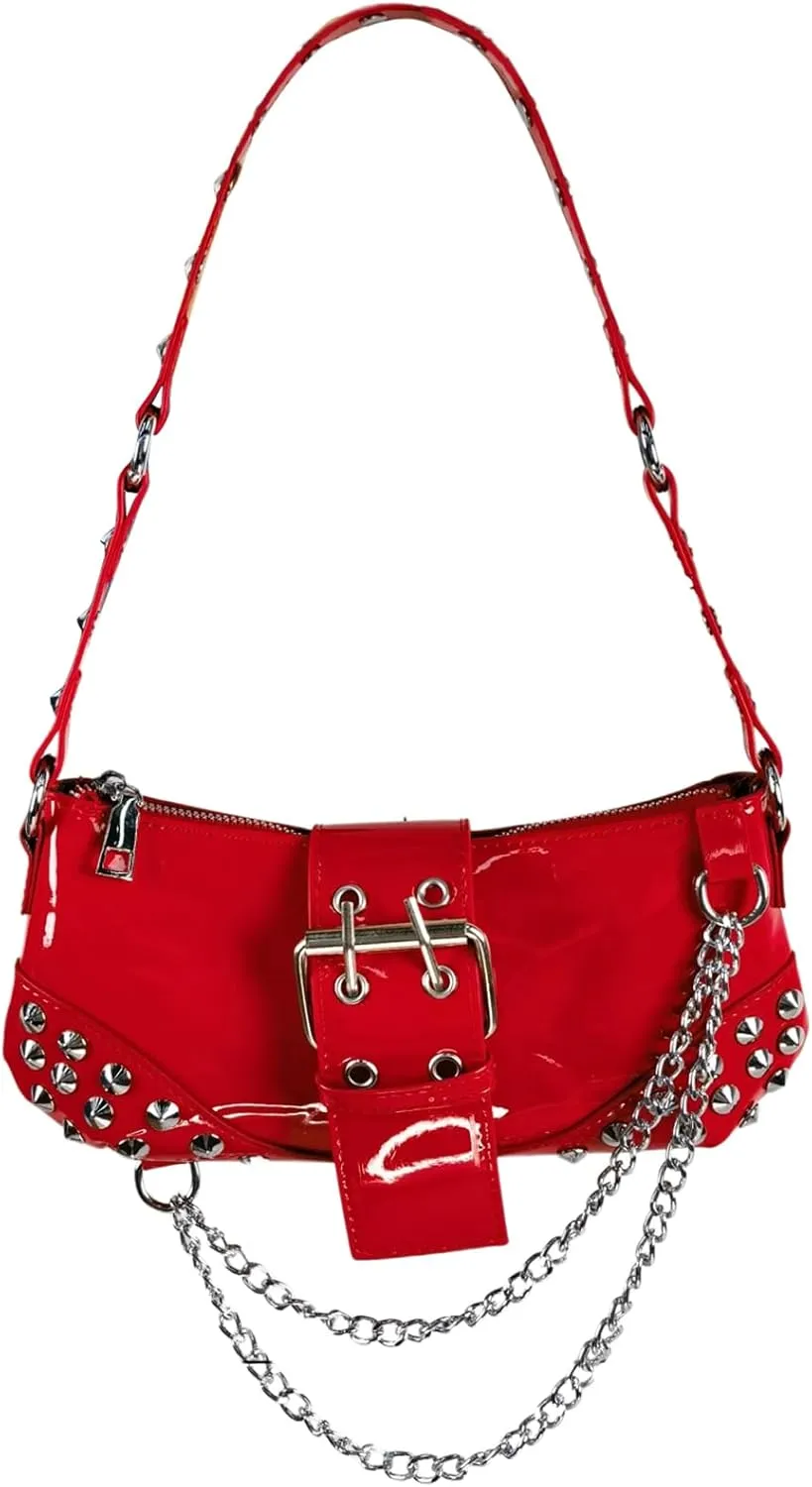 QWINEE Women's Studded Shoulder Bag Y2k Chain Clutch Purses Vintage Buckle Leather Underarm Bag