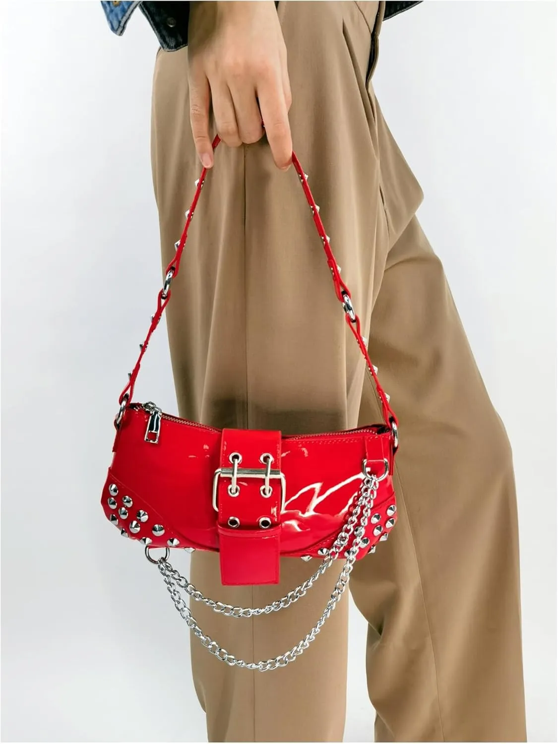 QWINEE Women's Studded Shoulder Bag Y2k Chain Clutch Purses Vintage Buckle Leather Underarm Bag