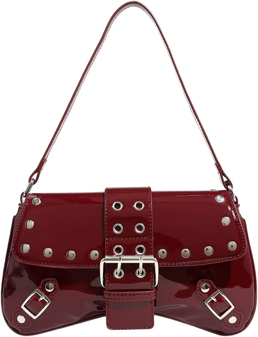QWINEE Women's Y2K Studded Metal Buckle Shoulder Bag Magnet Zipper Punk Underarm Purse