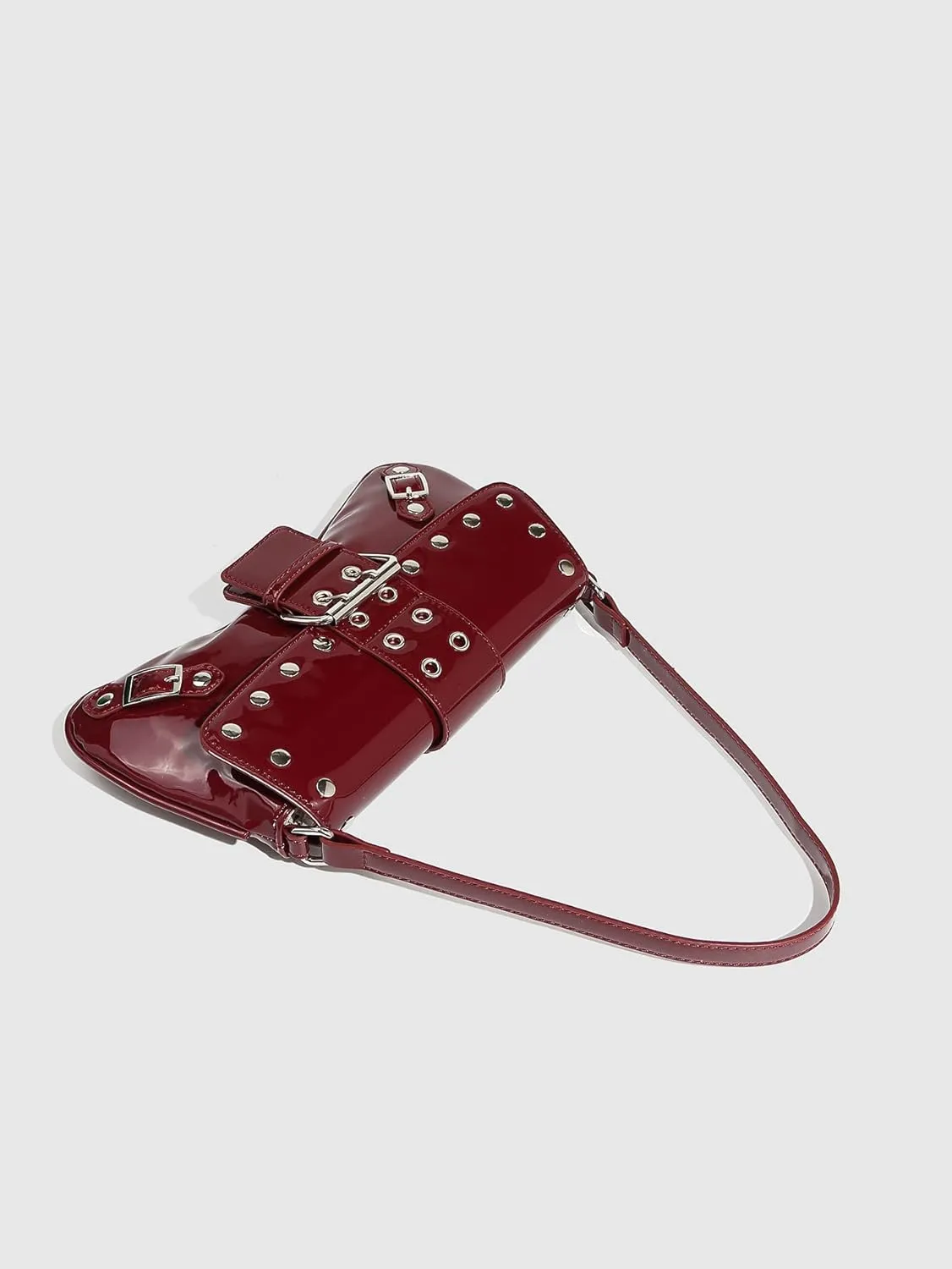 QWINEE Women's Y2K Studded Metal Buckle Shoulder Bag Magnet Zipper Punk Underarm Purse