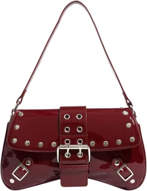 QWINEE Women's Y2K Studded Metal Buckle Shoulder Bag Magnet Zipper Punk Underarm Purse