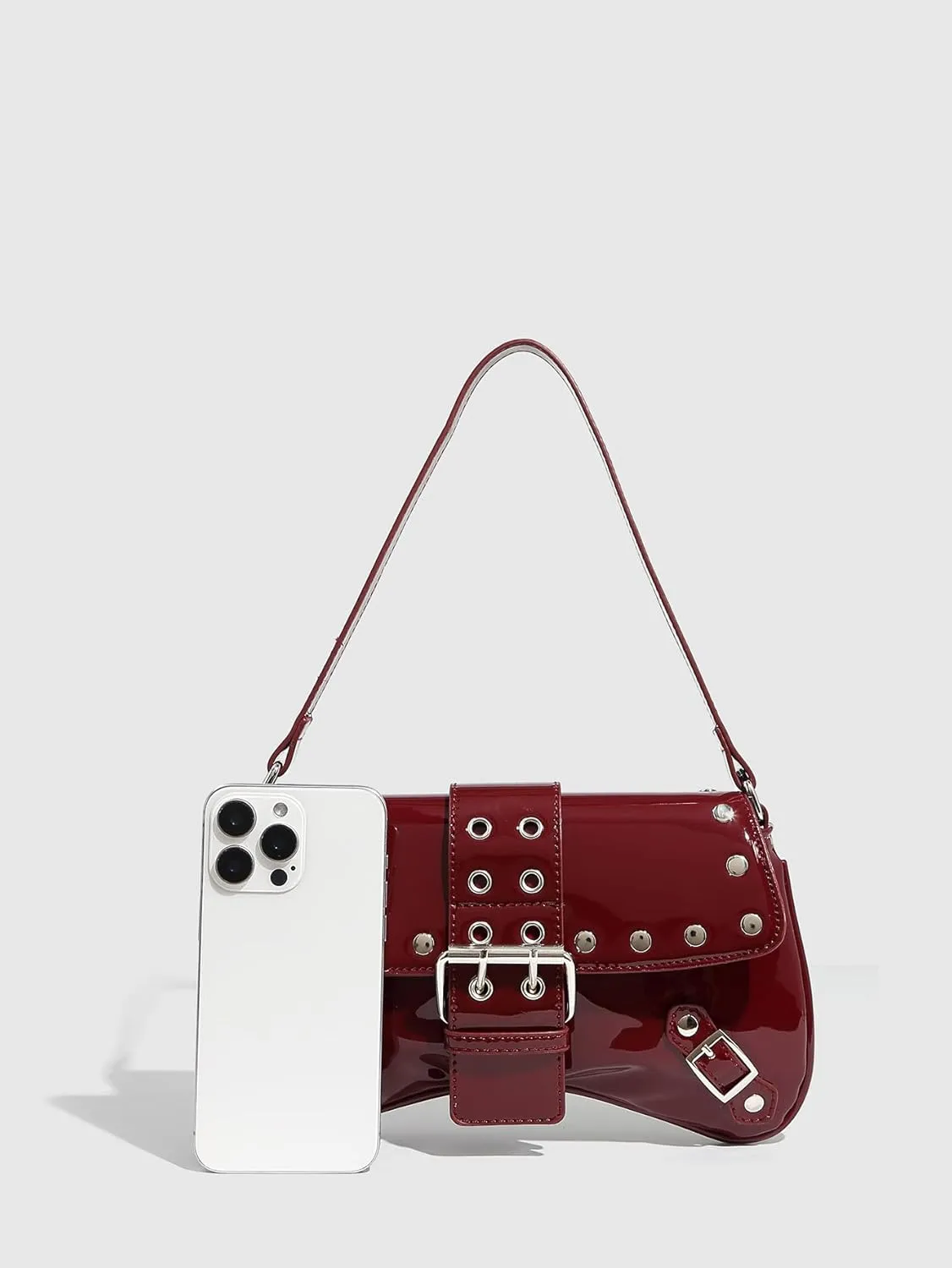 QWINEE Women's Y2K Studded Metal Buckle Shoulder Bag Magnet Zipper Punk Underarm Purse