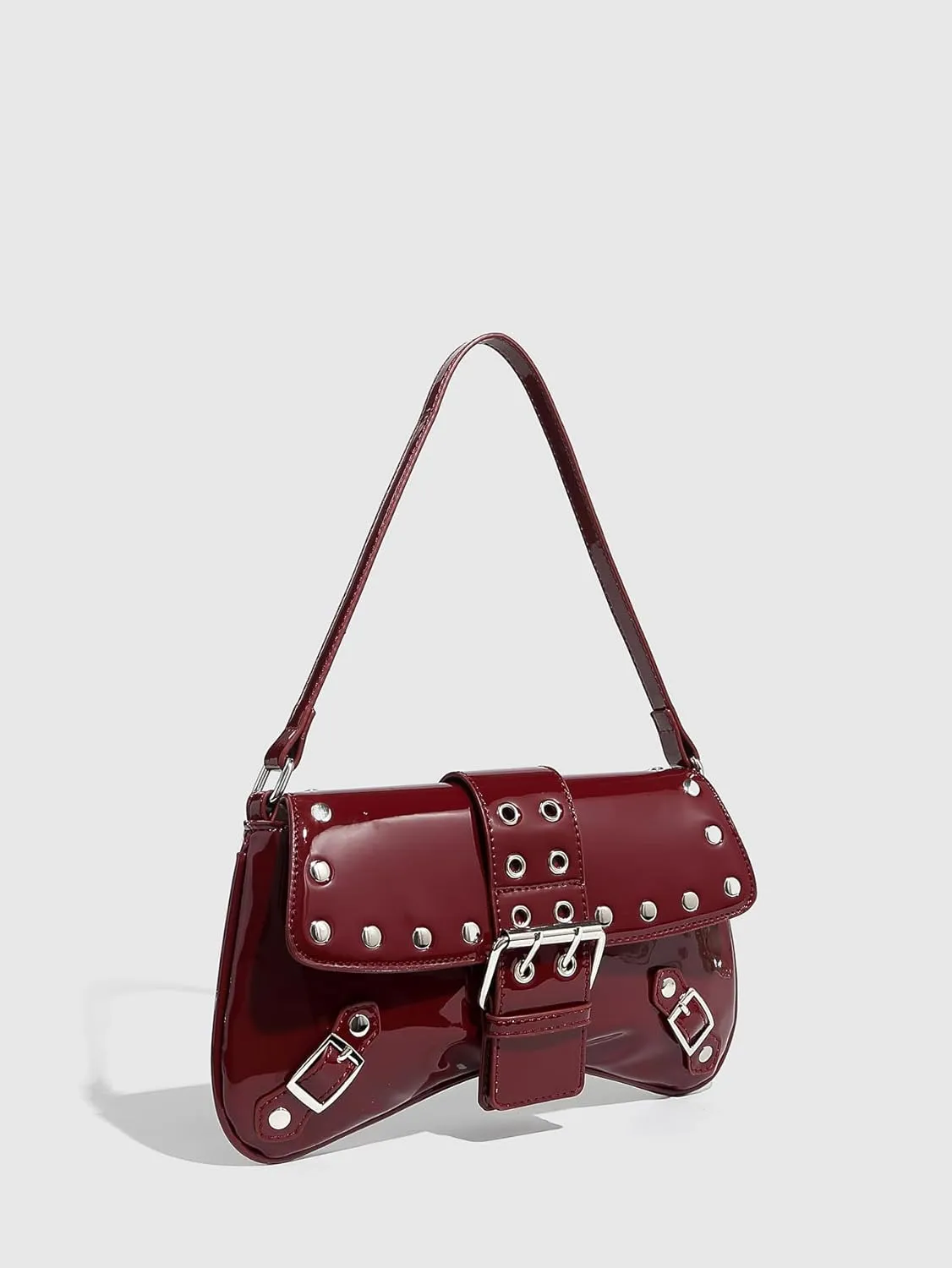 QWINEE Women's Y2K Studded Metal Buckle Shoulder Bag Magnet Zipper Punk Underarm Purse