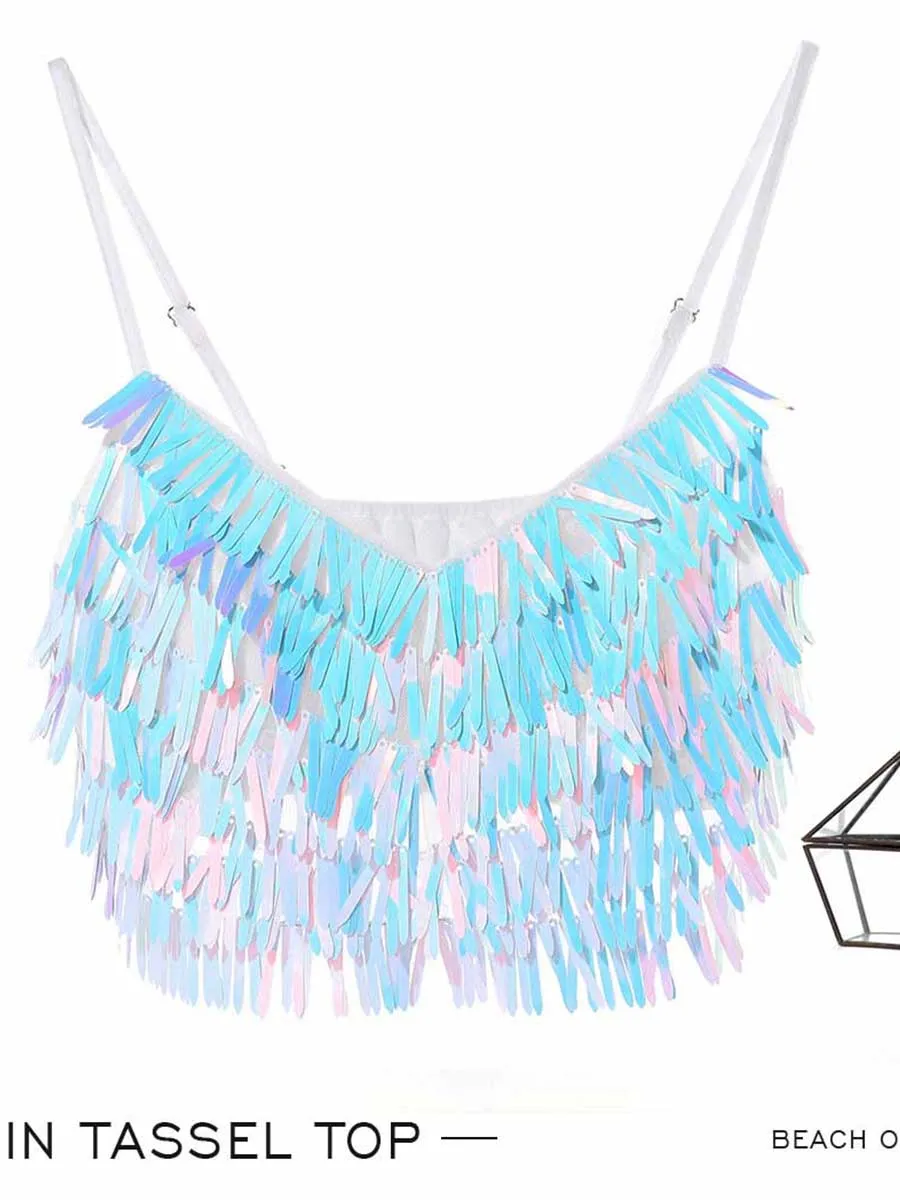 Rainbow Sequin Tassel Cropped Top