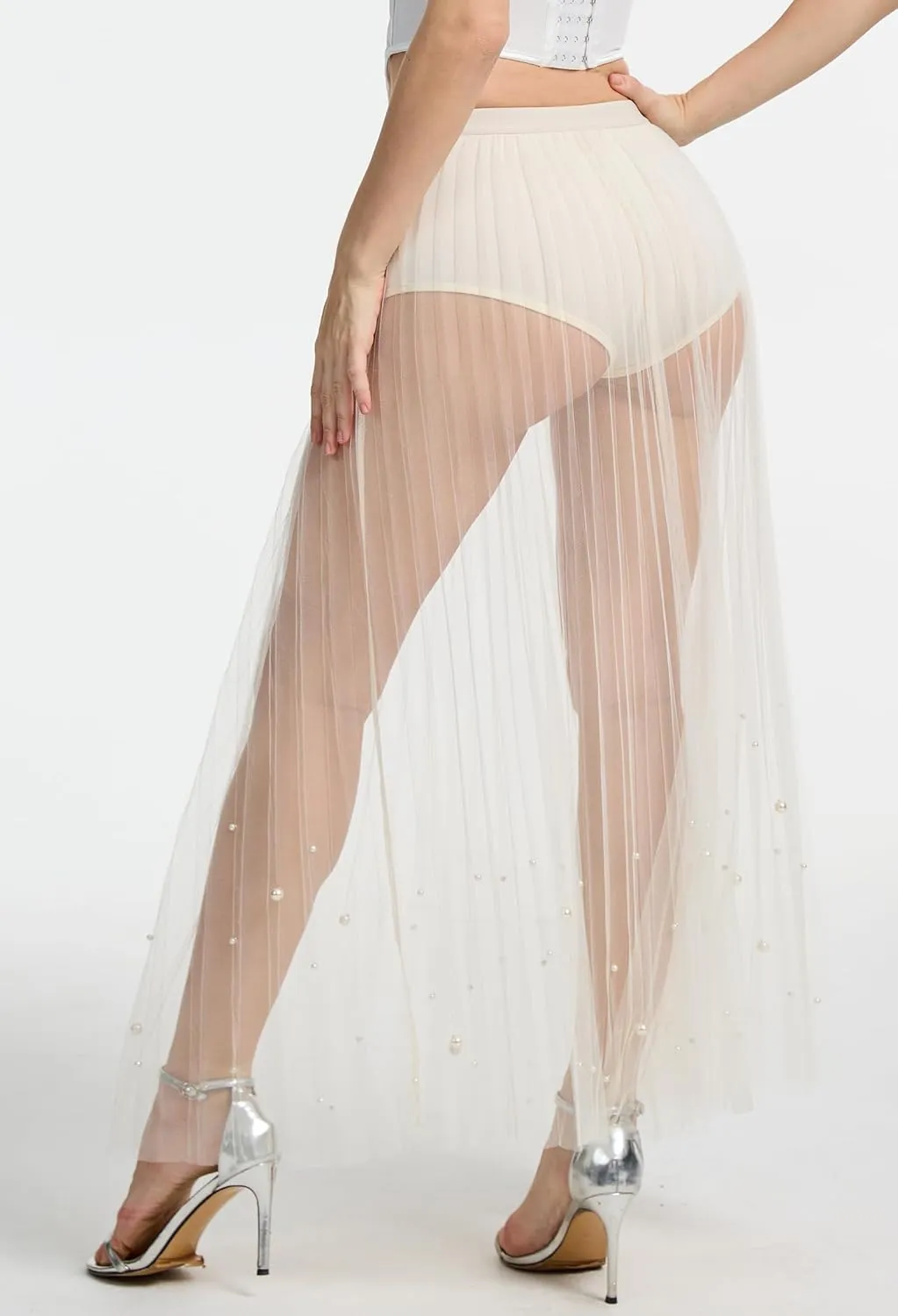 Rave Outfits for Women 2 in 1 Sheer Skirt Festival Clubwear Mesh High Waist Print A Line Maxi Skirt