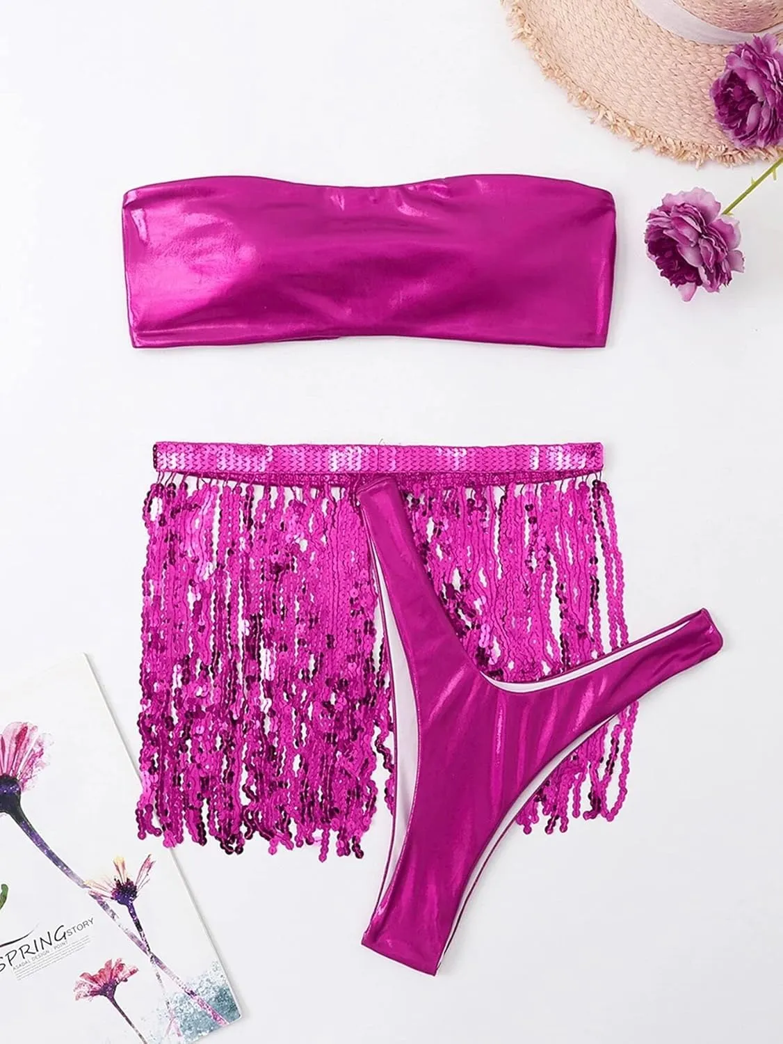 Rave Outfits for Women - EDC Festival Metallic Holographic Bodysuit Bandeau Top Sequin Tassels Skirt 3 Pcs Bikini