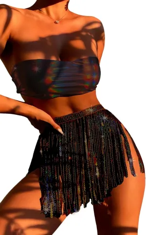 Rave Outfits for Women - EDC Festival Metallic Holographic Bodysuit Bandeau Top Sequin Tassels Skirt 3 Pcs Bikini