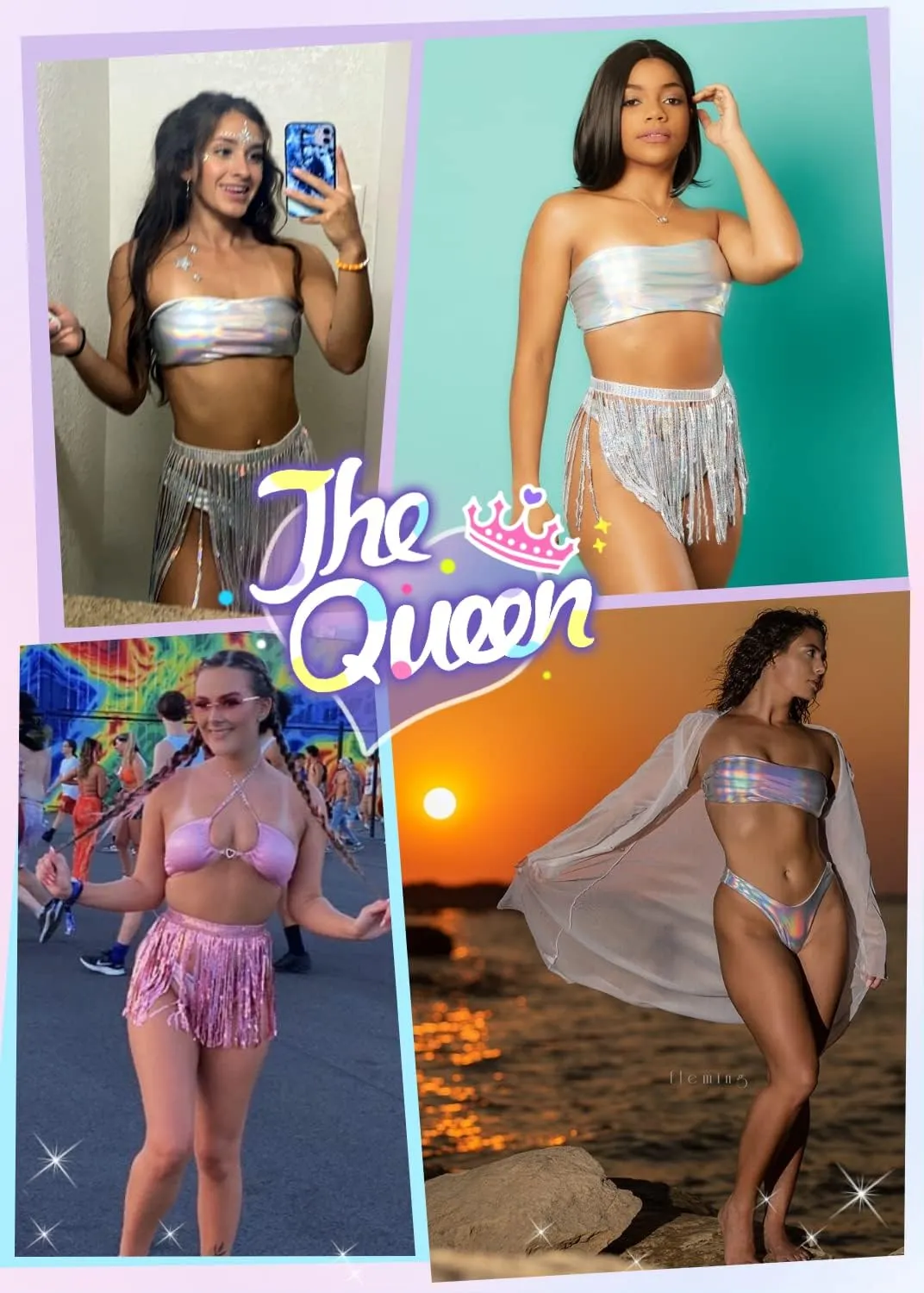 Rave Outfits for Women - EDC Festival Metallic Holographic Bodysuit Bandeau Top Sequin Tassels Skirt 3 Pcs Bikini