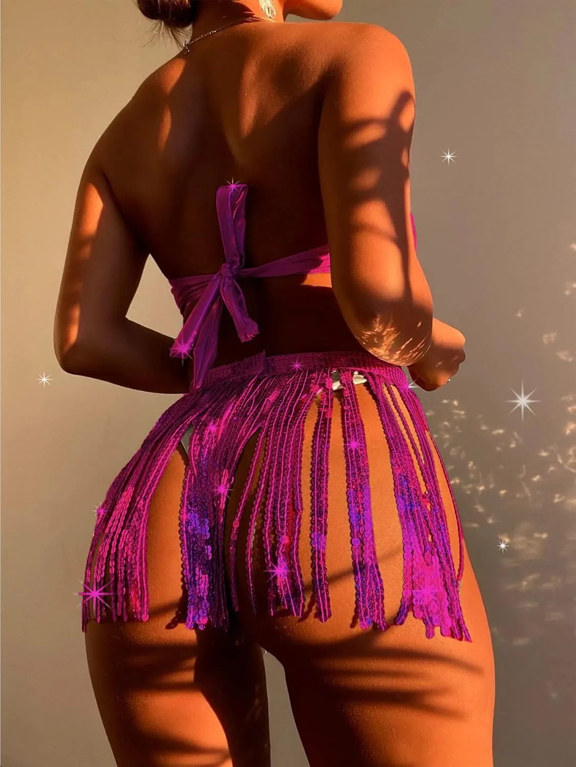 Rave Outfits for Women - EDC Festival Metallic Holographic Bodysuit Bandeau Top Sequin Tassels Skirt 3 Pcs Bikini