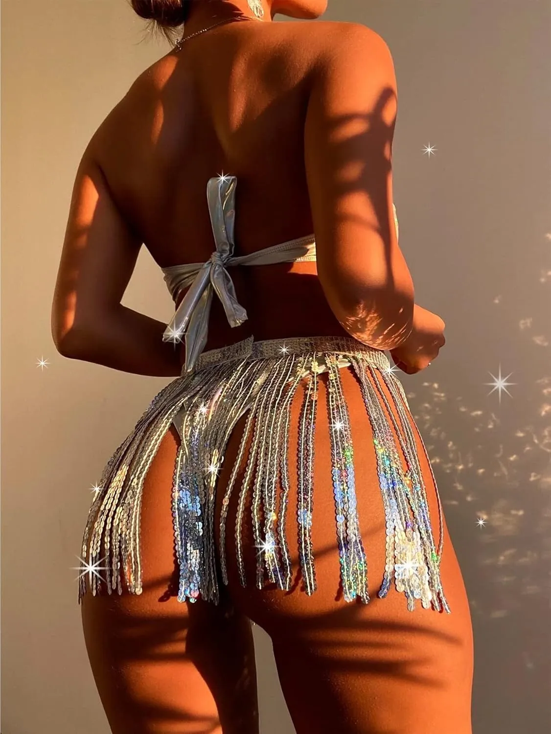 Rave Outfits for Women - EDC Festival Metallic Holographic Bodysuit Bandeau Top Sequin Tassels Skirt 3 Pcs Bikini