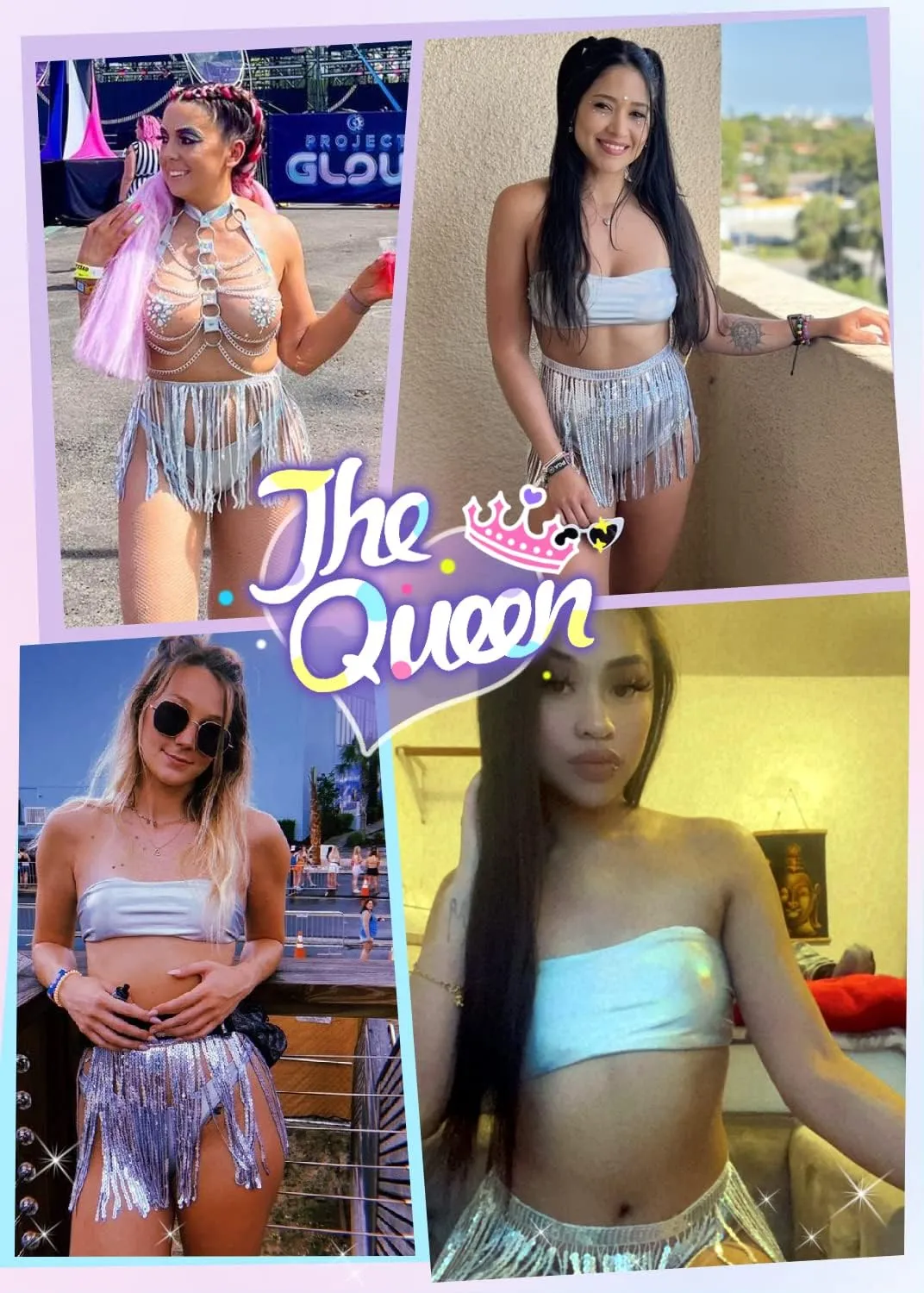 Rave Outfits for Women - EDC Festival Metallic Holographic Bodysuit Bandeau Top Sequin Tassels Skirt 3 Pcs Bikini