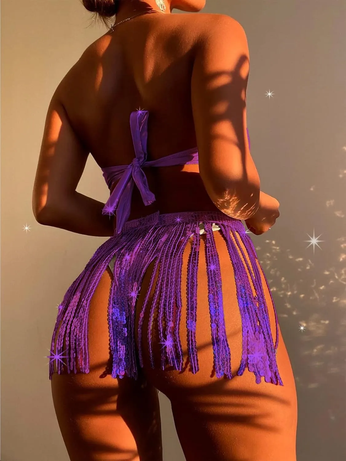 Rave Outfits for Women - EDC Festival Metallic Holographic Bodysuit Bandeau Top Sequin Tassels Skirt 3 Pcs Bikini