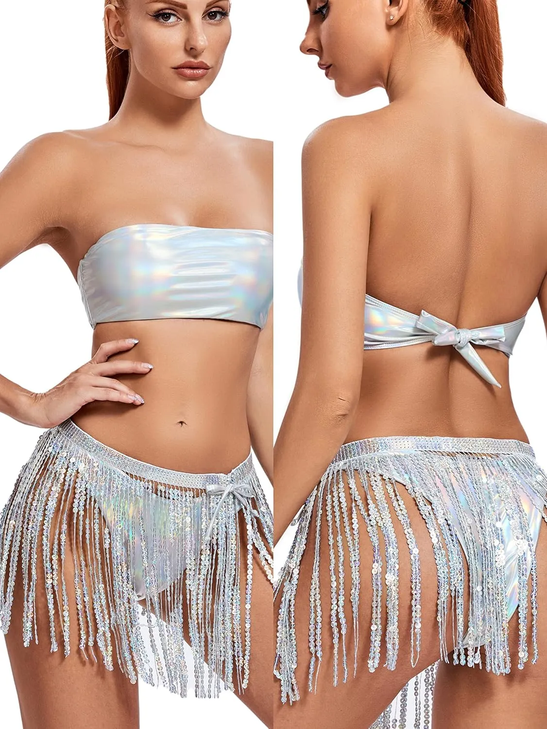 Rave Outfits for Women - EDC Festival Metallic Holographic Bodysuit Bandeau Top Sequin Tassels Skirt 3 Pcs Bikini