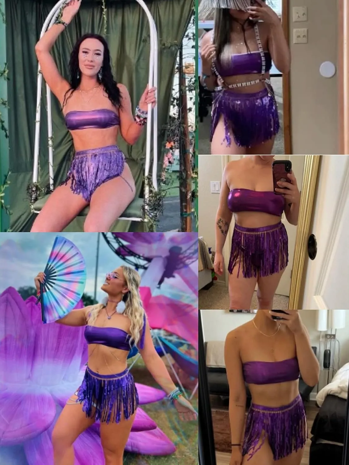 Rave Outfits for Women - EDC Festival Metallic Holographic Bodysuit Bandeau Top Sequin Tassels Skirt 3 Pcs Bikini