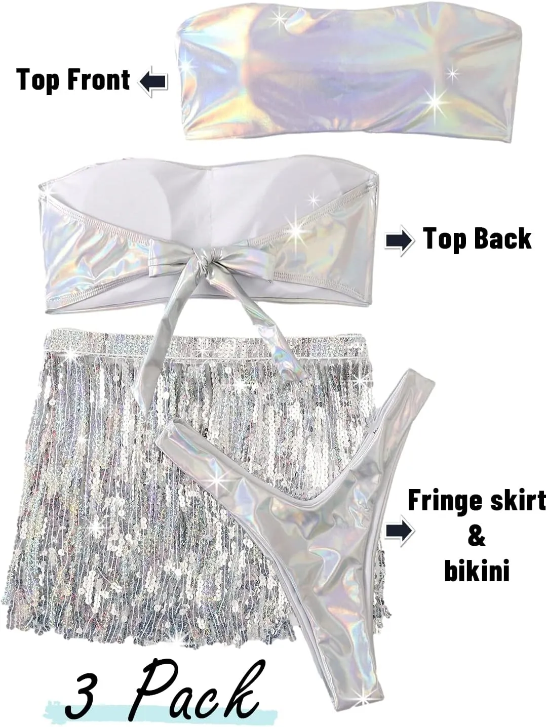 Rave Outfits for Women - EDC Festival Metallic Holographic Bodysuit Bandeau Top Sequin Tassels Skirt 3 Pcs Bikini