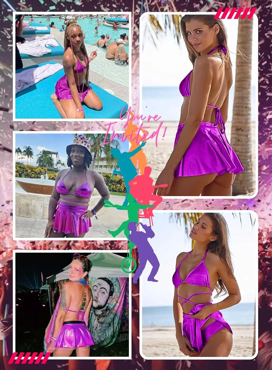 Rave Outfits for Women - EDC Sexy Music Festival Metallic Holographic Strappy Bikini Top Bottom Beach Skirt 3 pcs
