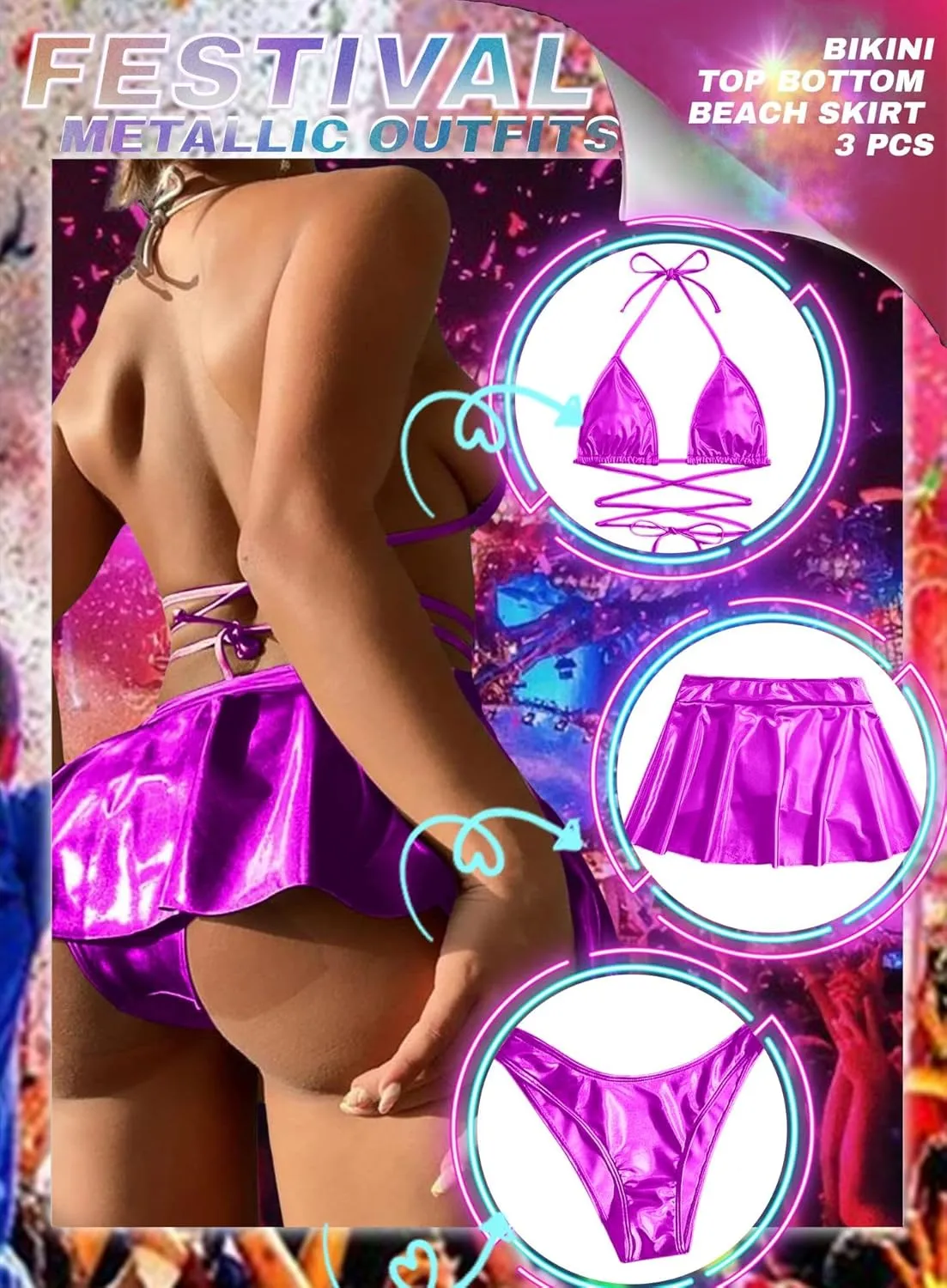 Rave Outfits for Women - EDC Sexy Music Festival Metallic Holographic Strappy Bikini Top Bottom Beach Skirt 3 pcs